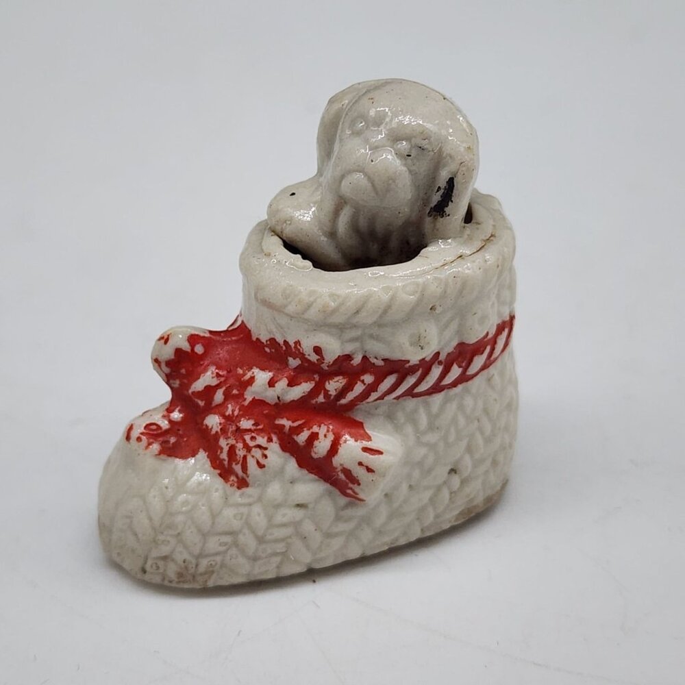 Vintage Ceramic Staffordshire Dog In Shoe Figurine Painted Red Bow 1.5" High